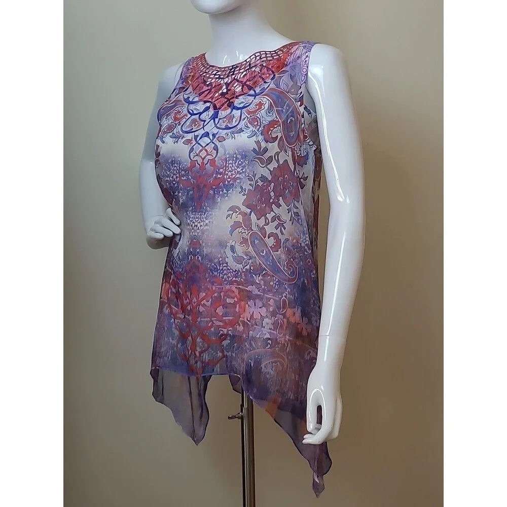 ONE WORLD Floral Paisly Top Size Small Sleeveless Lace Crochet Orange Blue - Picture 2 of 8